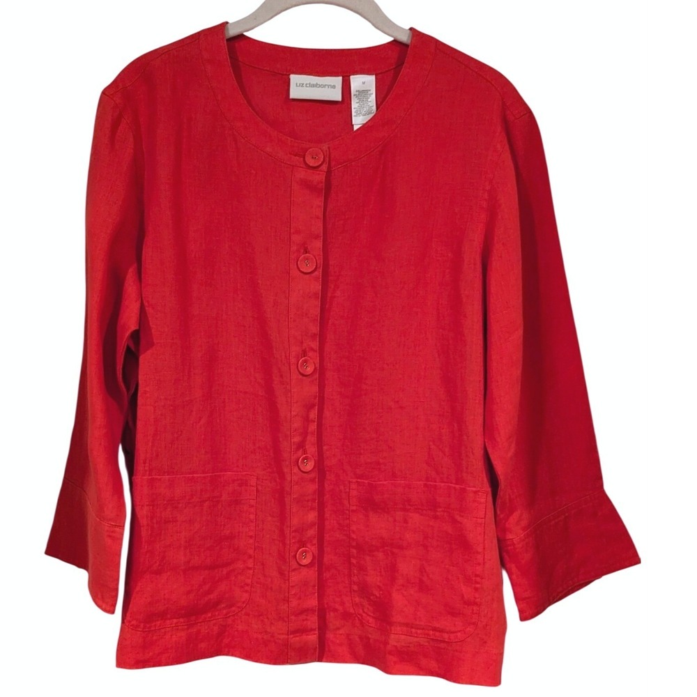 Liz Claiborne Wool‎ Blend Jacket Large Red Button Front Round Neck Classic L